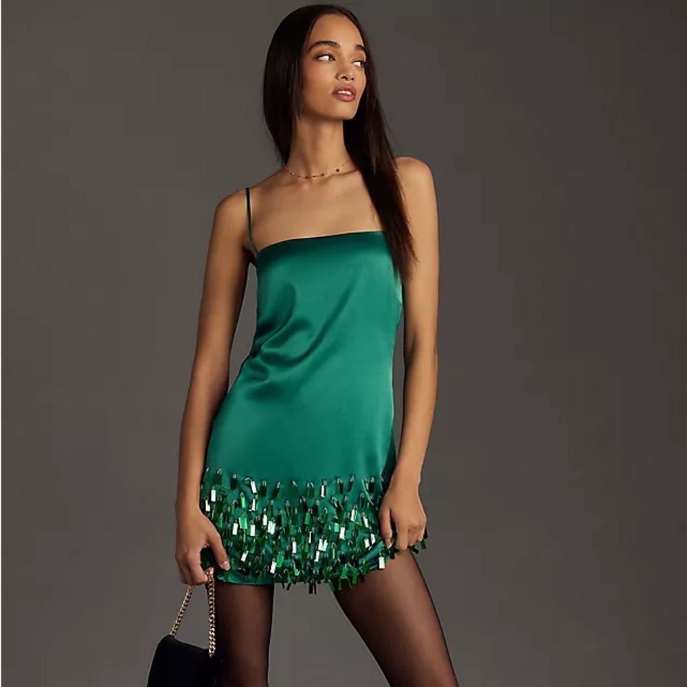RHODE Emerald Green Satin Mini Dress with Sequin Fringe
